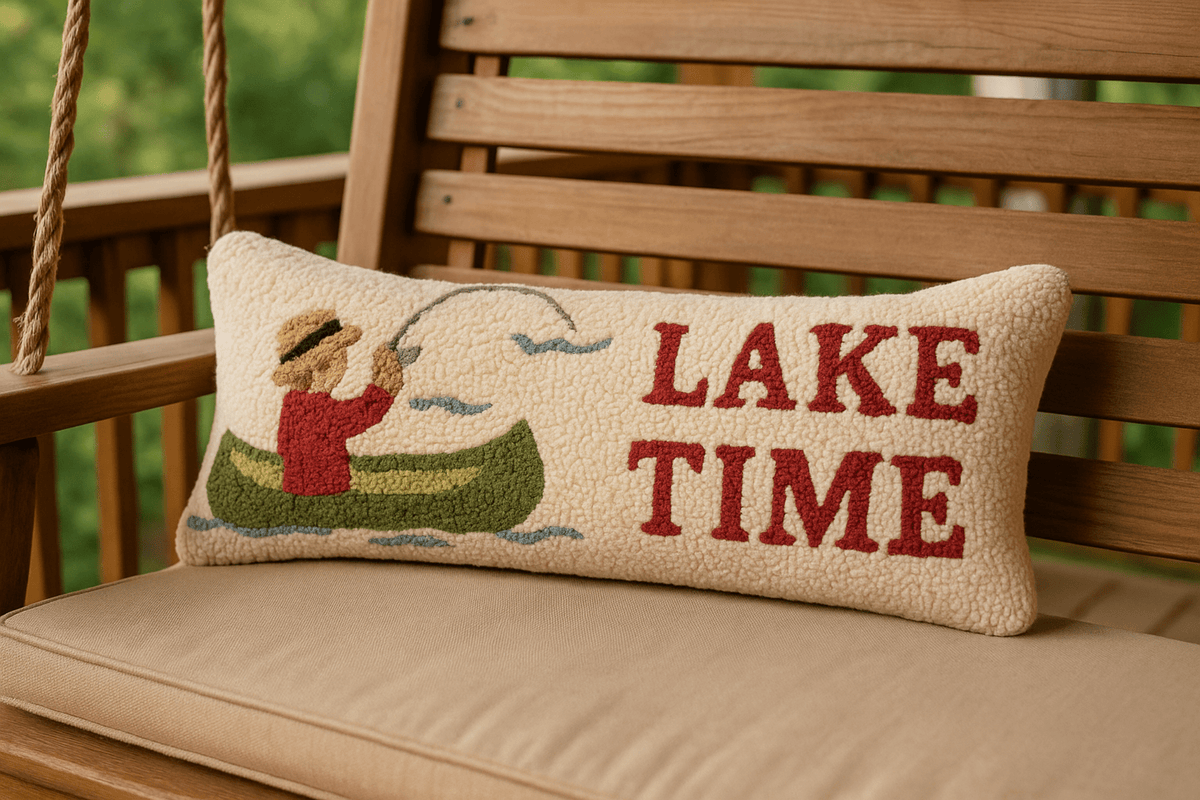 Lake House Lumbar Pillow - Hand - Hooked Wool 8x24K - Fish On! Custom Rods