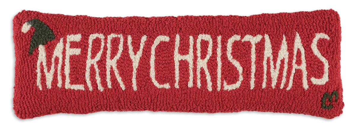 Merry Christmas Hand - Hooked Wool Pillow 8 x 24 - Fish On! Custom Rods
