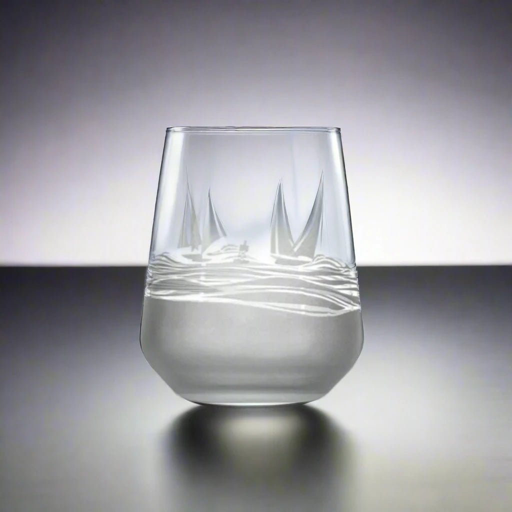 Nautical Stemless Wine Glass - 15.75oz Regatta Design - Fish On! Custom Rods
