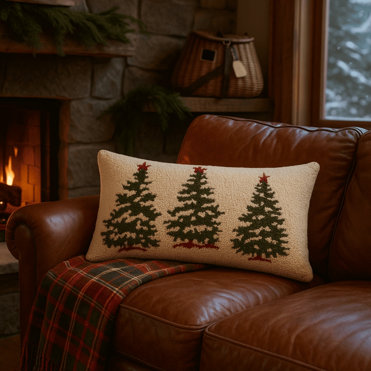 Trees on White 15" x 30" Hank - Hooked Wool Pillow - Fish On! Custom Rods