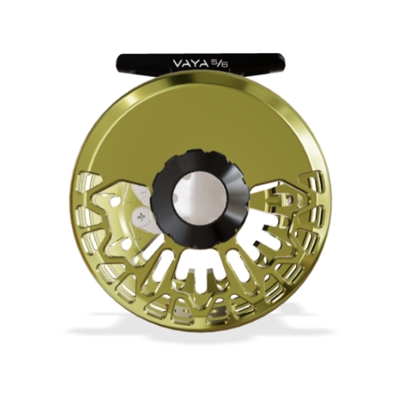 A Vaya 5/8 fly fishing reel with a metallic gold body, black handle, and black spool, shown on a clean white background.