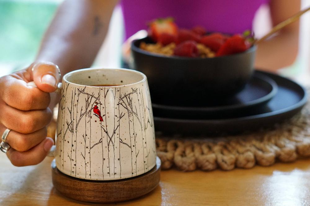 Winter Wonderland - Aspen Trees with Cardinal Stoneware Mug - Fish On! Custom Rods